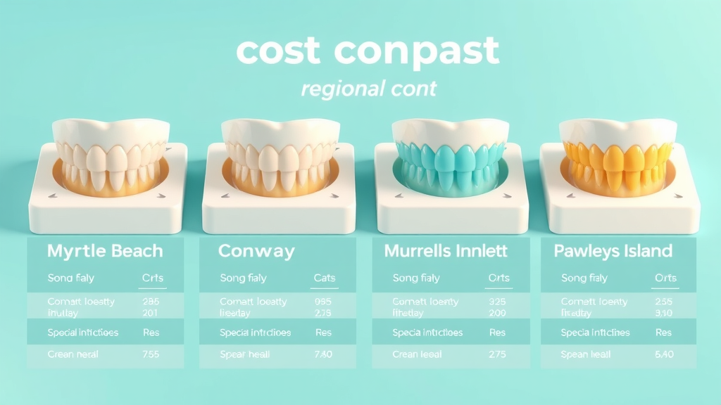 Clean regional cost comparison chart with icons for Myrtle Beach, Conway, Murrells Inlet, Pawleys Island—braces cost breakdown in Grand Strand