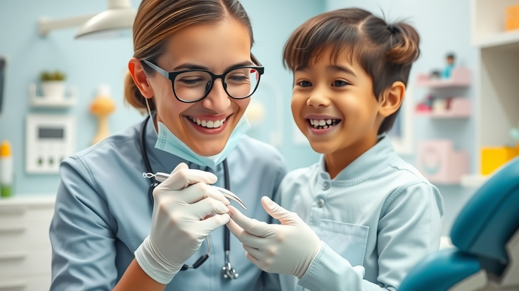 Friendly pediatric orthodontist examining a smiling child in Georgetown, SC dental office, pediatric braces cost, photorealistic, pastel and light blue