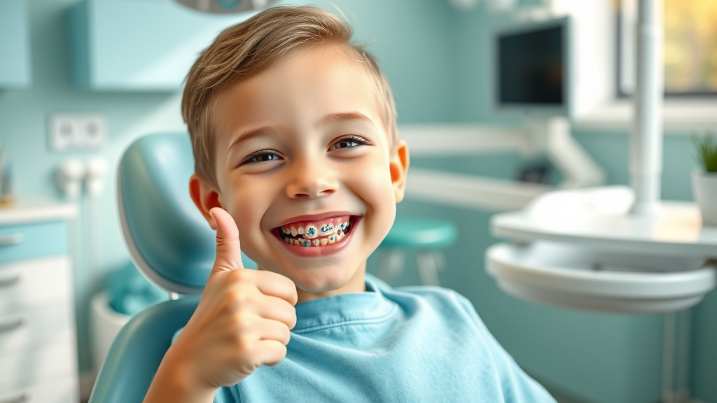 Happy child with pediatric braces in a Georgetown, SC orthodontic office, cost of braces, dental care, photorealistic, sunlit, cheerful office