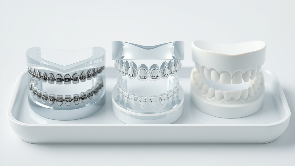 Comparison display: metal braces, ceramic braces, clear aligners — type of braces for kids, textured dental appliance models, photorealistic, white tray