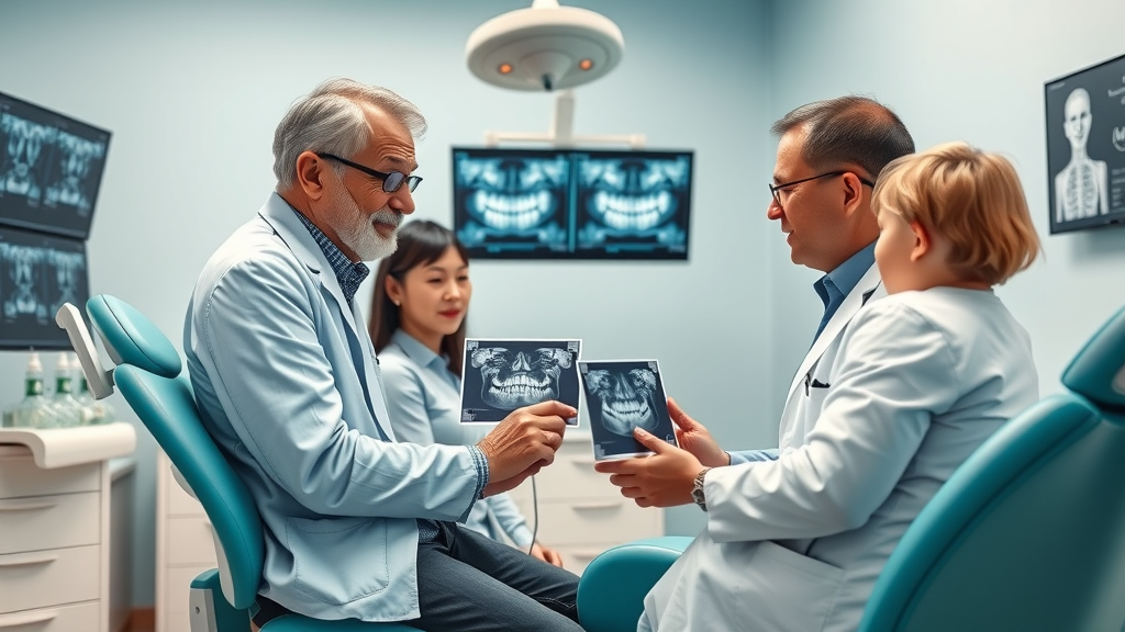 Pediatric dentist in Georgetown consulting family about braces cost, dental care x-rays, photorealistic, exam room, family orthodontic treatment plan