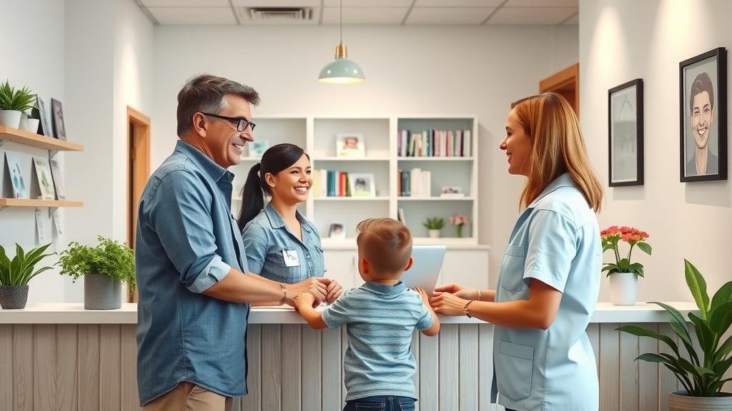 Friendly Georgetown, SC orthodontic office front desk, welcoming staff greeting parent and child, dental care clinic, photorealistic, inviting, family orthodontics