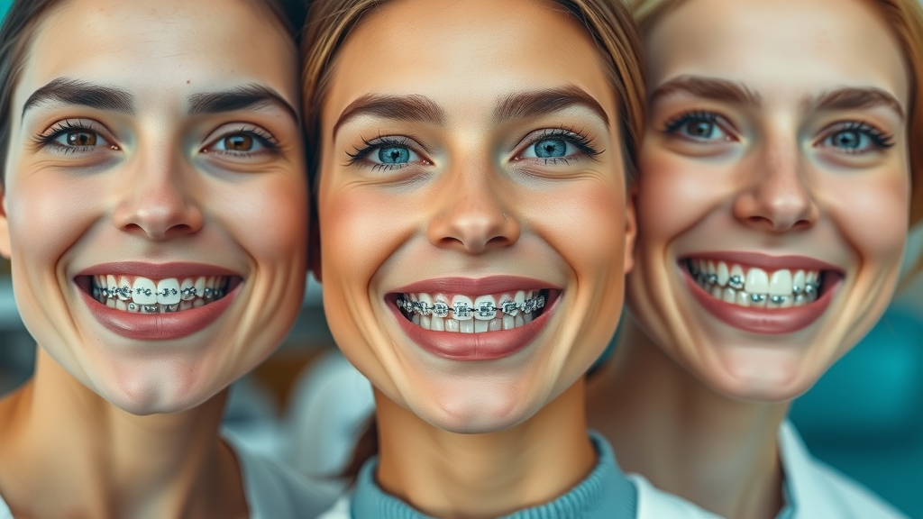 Detailed lineup of braces types in Myrtle Beach SC, showing metal braces, ceramic braces, and clear aligners in photorealistic clinical office