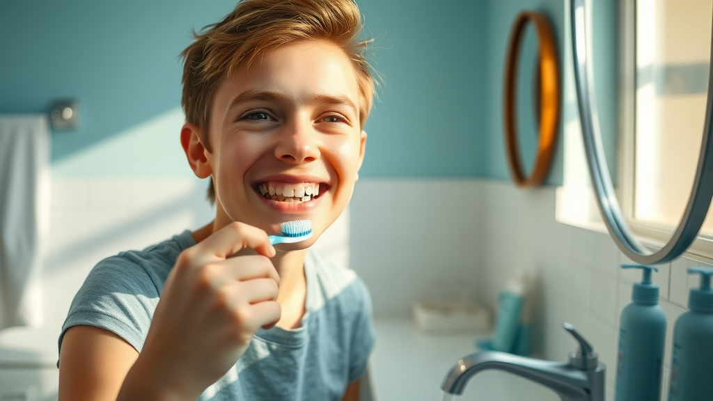 Teenager in Myrtle Beach brushing teeth with braces, clean bathroom, visible braces and dental products, coastal decor, morning light