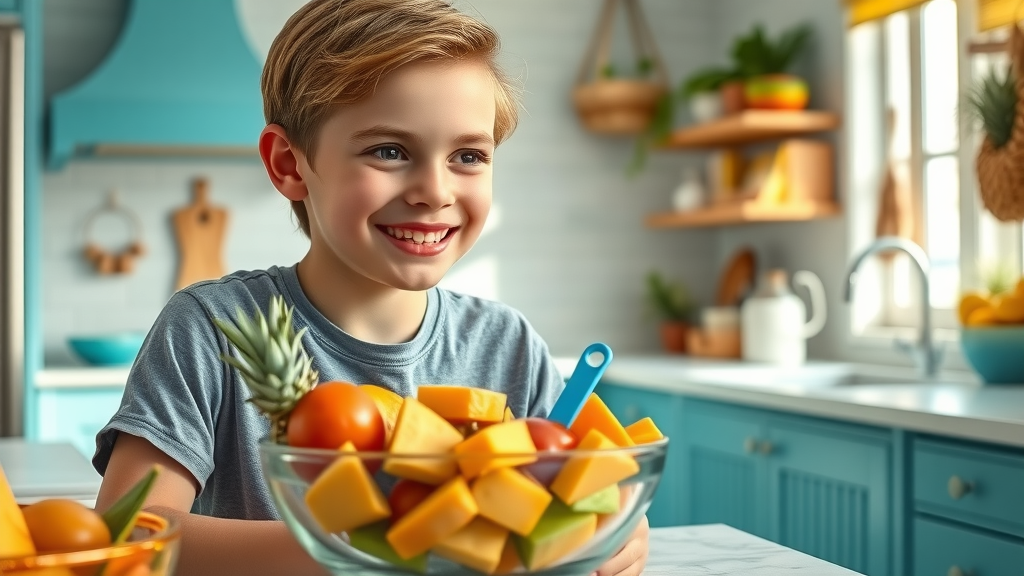 Teen with braces in Myrtle Beach kitchen, examining tropical fruits for braces-friendly diet, modern sea-inspired decor, vibrant color palette
