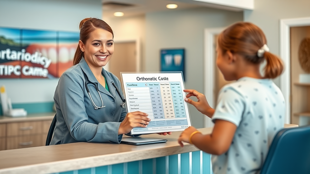 Orthodontic office front desk in Myrtle Beach SC, staff sharing cost chart with family, coastal theme, digital displays, natural lighting