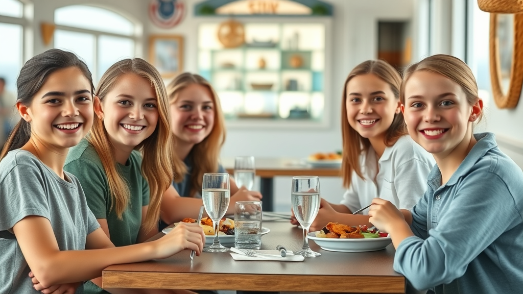 Teens with braces enjoying a meal together in a coastal Murrells Inlet SC restaurant, smiling and relaxed