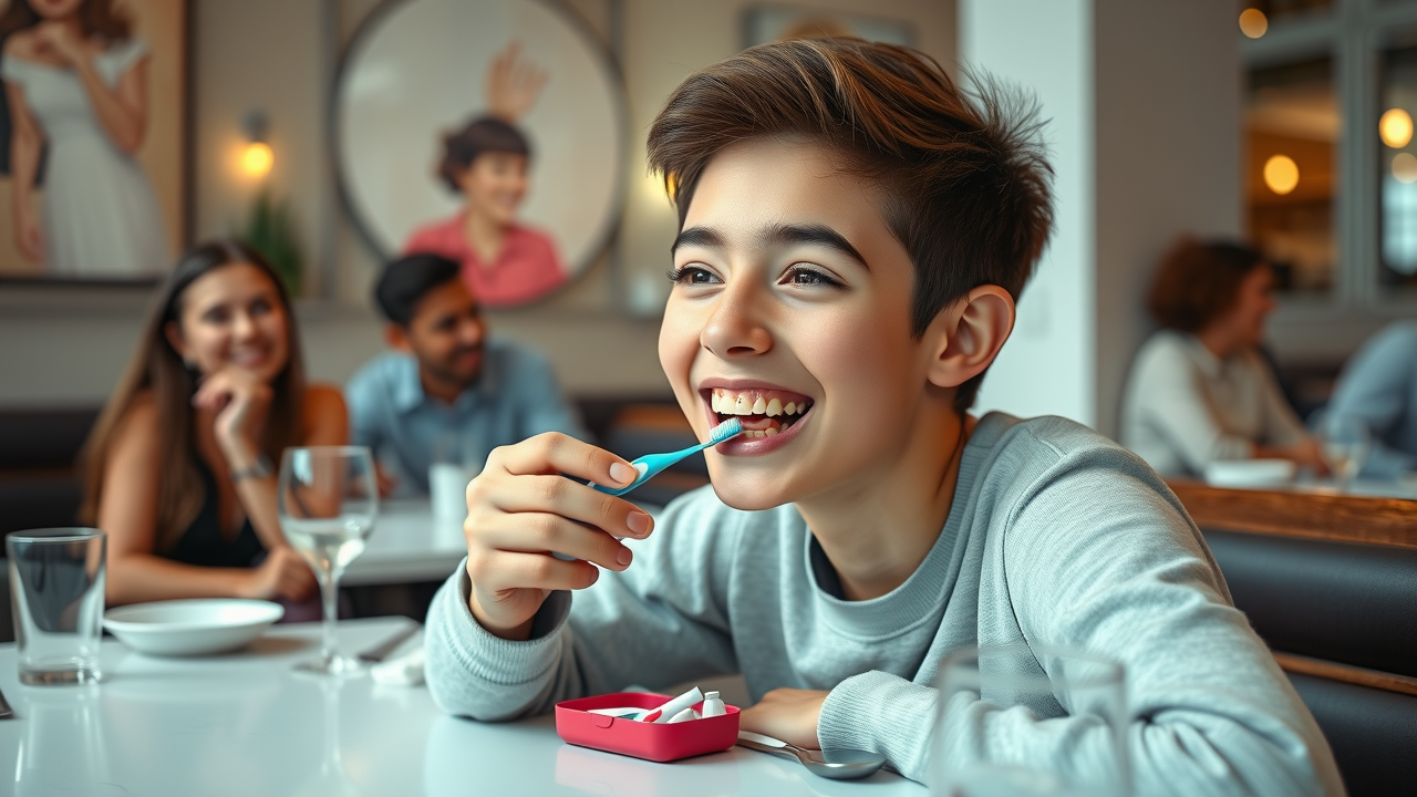 Teen with braces using a portable dental kit at a Murrells Inlet restaurant for optimal braces care
