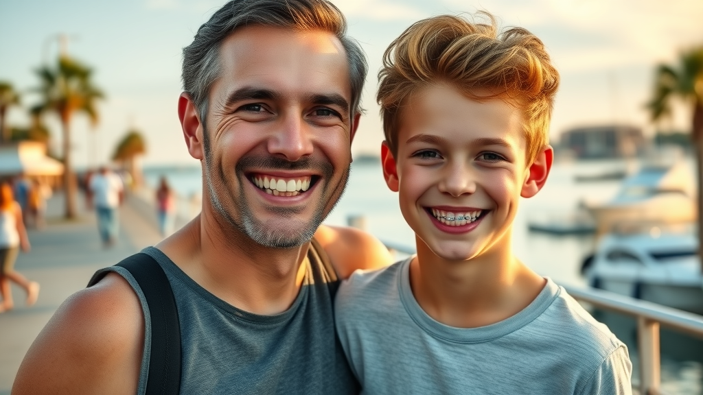 Happy family with braces showing off clean smiles near Murrells Inlet SC boardwalk