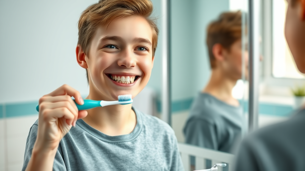 Cheerful teen practicing daily braces maintenance at home Pawleys Island SC
