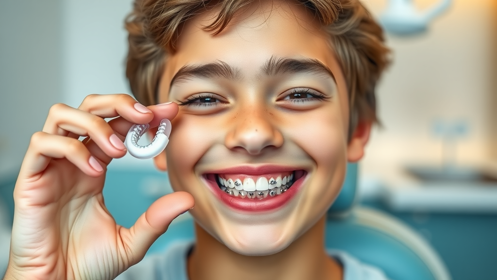 Happy adolescent holding clear aligner and showing braces in Pawleys Island SC orthodontic clinic