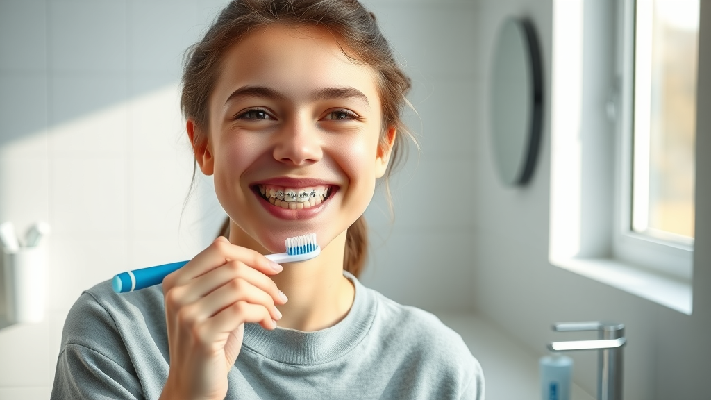 braces care in georgetown sc - Teen with braces brushing teeth as part of daily orthodontic care