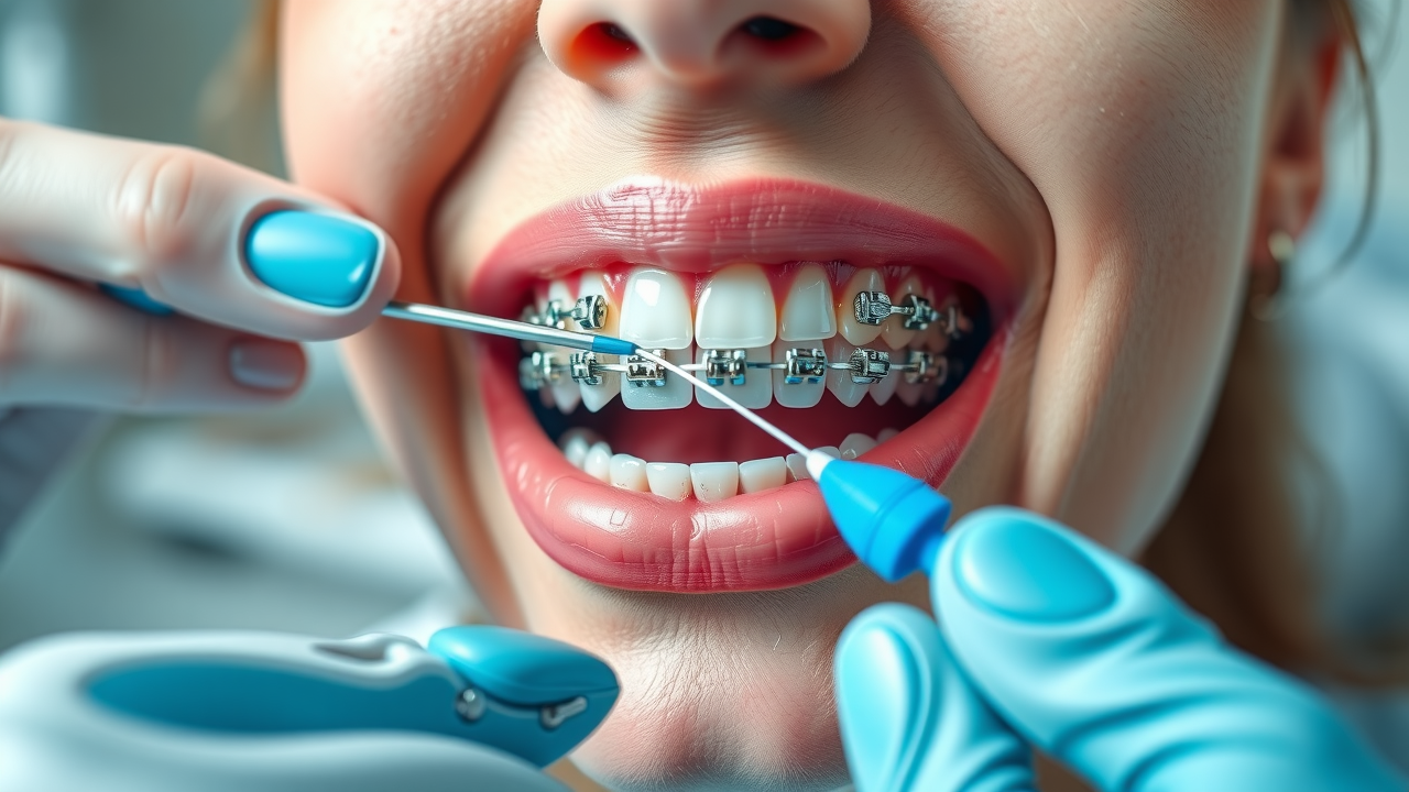 braces care in georgetown sc - Close-up of braces with floss threader and cleaning tools