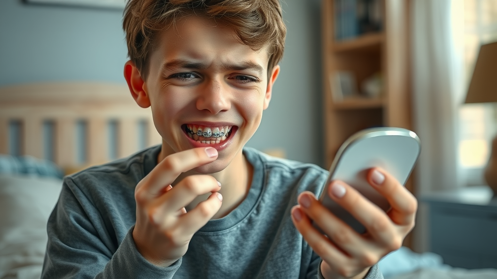 braces care in georgetown sc - Concerned teen with braces identifies loose bracket, examing with a mirror