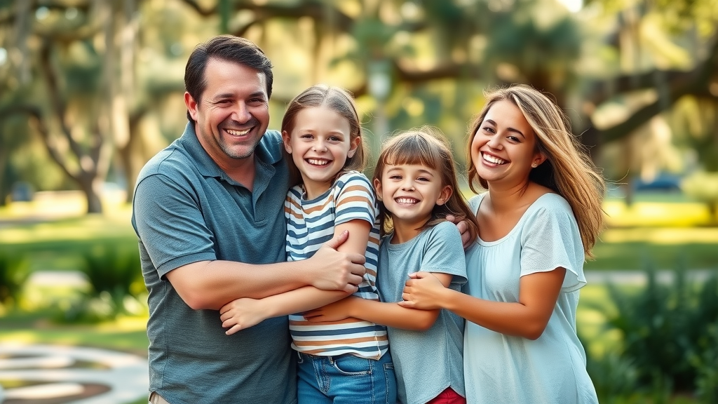 braces care in georgetown sc - Happy family with braces enjoying outdoor smiles in South Carolina