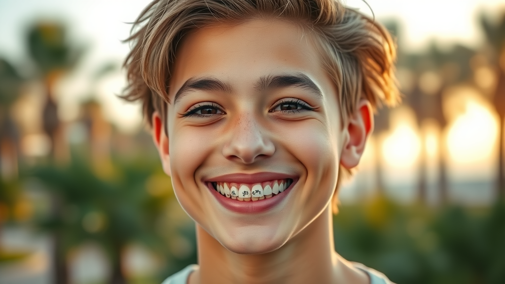 Confident young adult with braces smiling outdoors in North Myrtle Beach - braces cleaning in north myrtle beach sc - photorealistic portrait, palm trees and golden sun in background