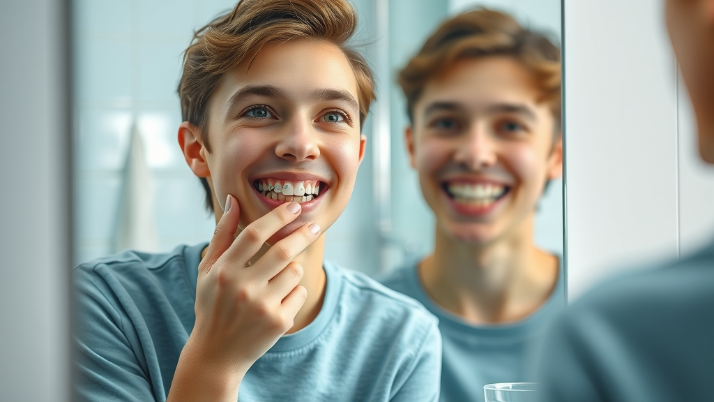 Teen examining braces in mirror - common braces cleaning challenges in Myrtle Beach and North Myrtle Beach - realistic scene, dental props in modern bathroom