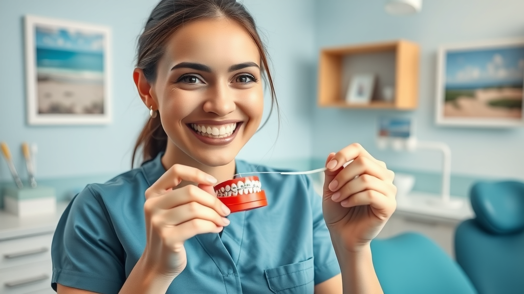 Dental hygienist demonstrates flossing with braces using a floss threader - braces cleaning in north myrtle beach sc clinic office setting