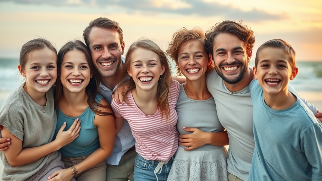 Family at North Myrtle Beach coastline - all ages smiling with braces and healthy teeth - braces cleaning in north myrtle beach sc - sunset, soft sand, and happy group