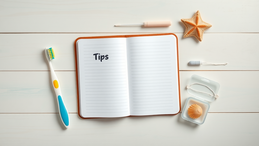 Dental care essentials for braces cleaning in North Myrtle Beach SC - notebook with Tips, toothbrush, floss, retainer case, and beach shell - flat lay, pastel turquoise accents