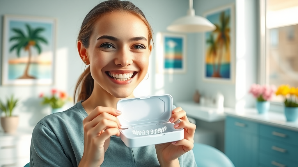 Bright, inviting dental clinic interior showing happy Myrtle Beach patient with clear aligners, holding aligner case in a modern, ocean-inspired office.