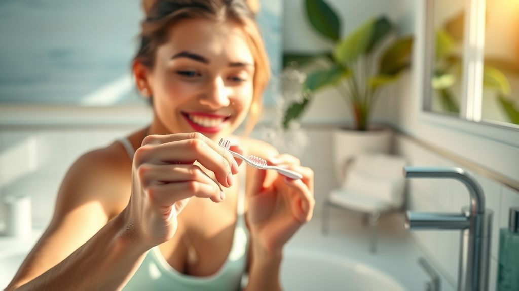 Photorealistic Myrtle Beach bathroom scene: person cleaning clear aligner gently with toothbrush, tropical decor in the background.
