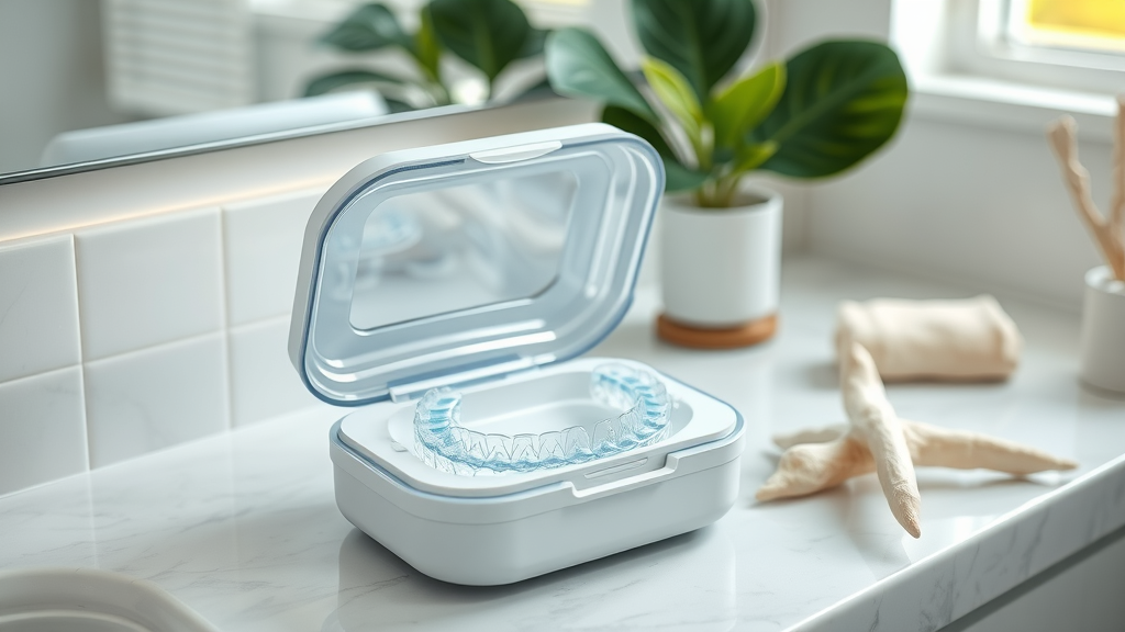 Ventilated case with clear aligners on a Myrtle Beach bathroom counter, with ocean-inspired decor and visible condensation droplets showing humidity.