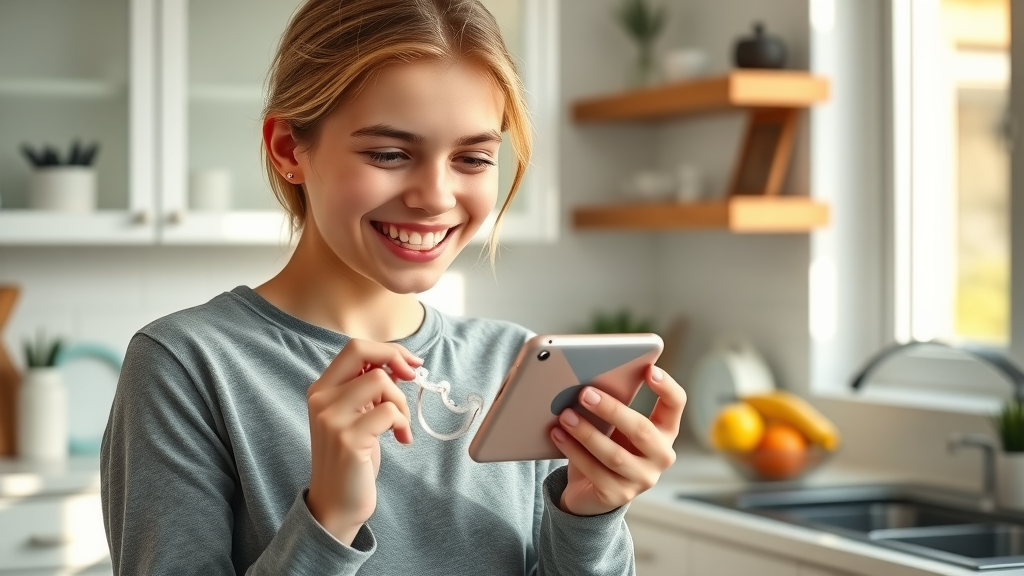 Teen checking time on phone before cleaning clear aligner in a Myrtle Beach family kitchen, with coastal decor and natural morning light.
