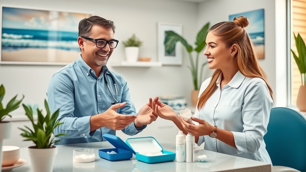Myrtle Beach orthodontic staff showing Invisalign cleaning products and techniques to smiling patients in a friendly, beach-themed office.