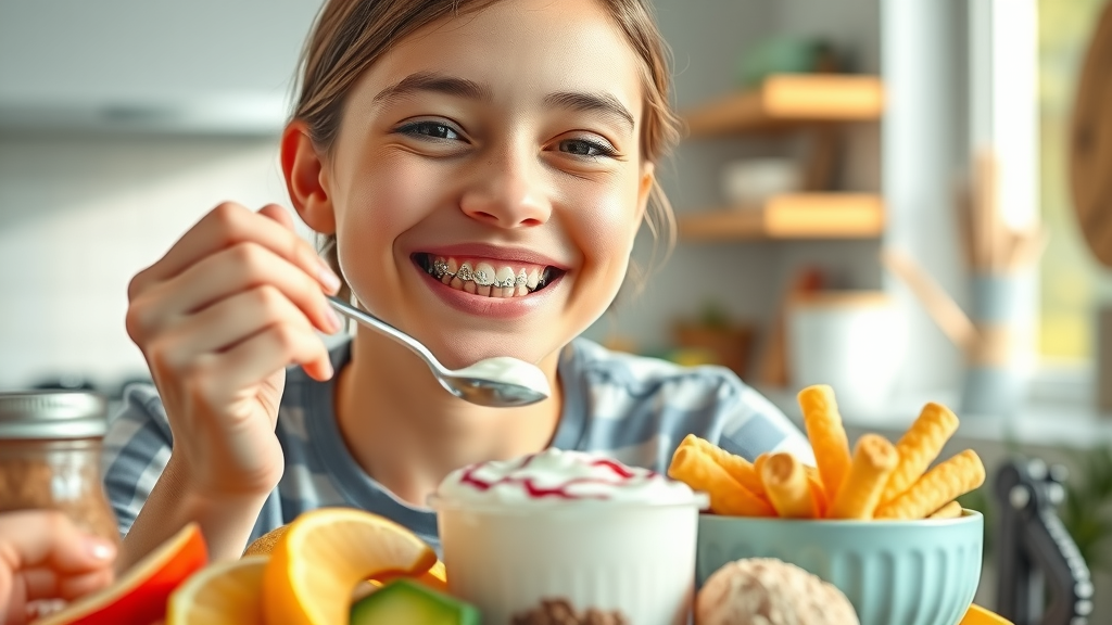 Best food for braces in Grand Strand includes soft, colorful foods with a smiling teenager enjoying yogurt in a sunny kitchen.