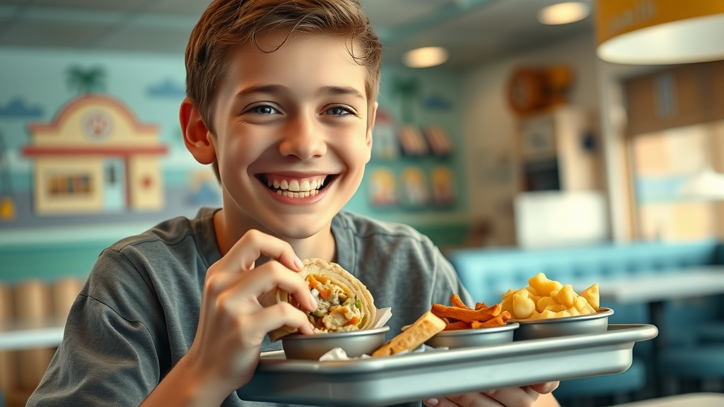 Best food for braces in Grand Strand includes scrambled eggs, yogurt, and steamed veggies enjoyed by a smiling teen.