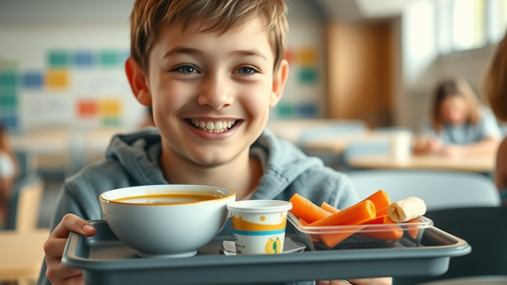 Young person with braces enjoying soft wrap and mashed potatoes at a Myrtle Beach restaurant, highlighting safe fast foods.