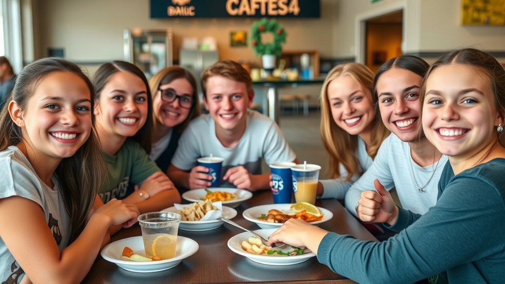 Diverse group of teens with braces enjoying braces-friendly meals at a Myrtle Beach café.