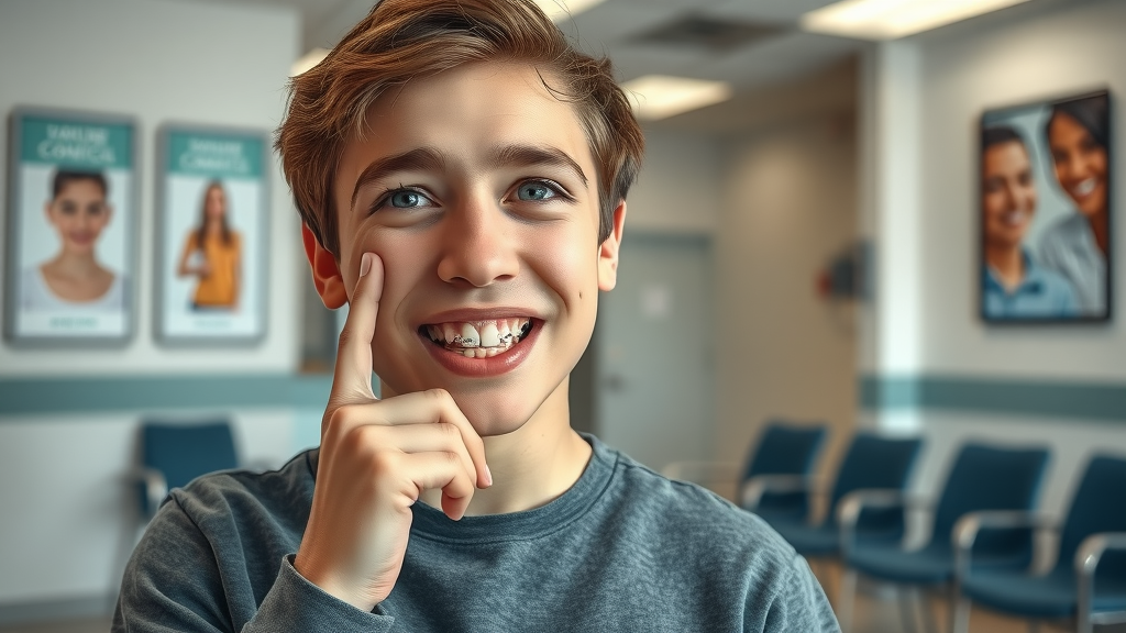 Concerned teenager with braces experiencing a dental emergency in Conway SC, waiting in a modern dental clinic with orthodontic posters