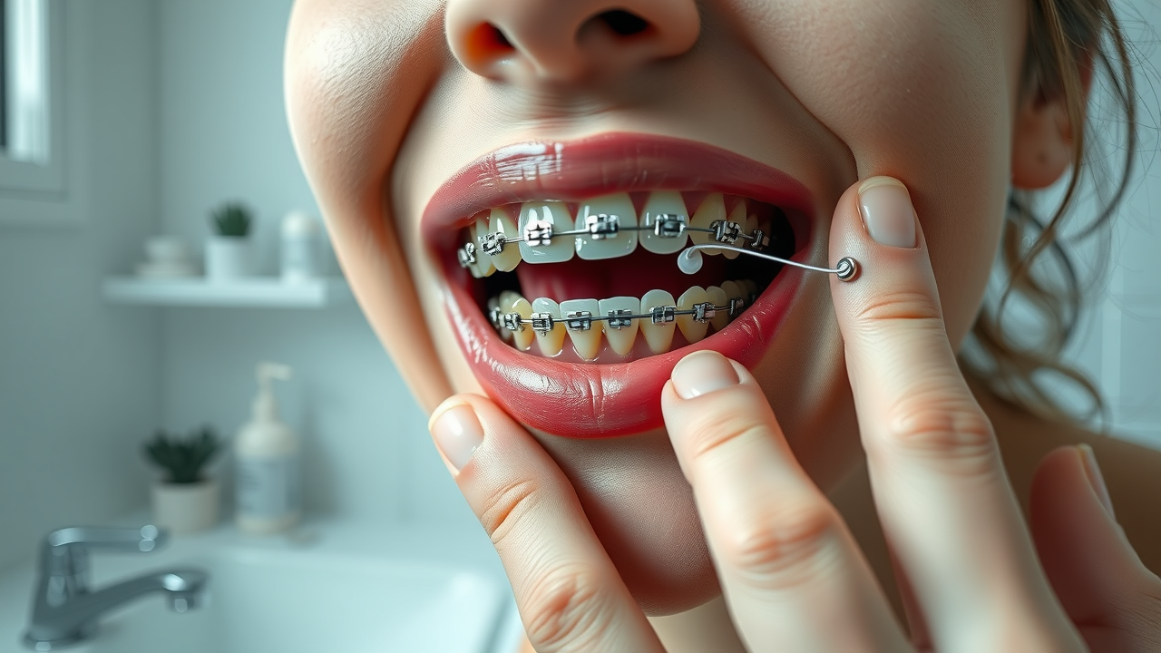Closeup of broken braces and poking wire during a dental emergency in Conway SC, with discomfort and home care items visible