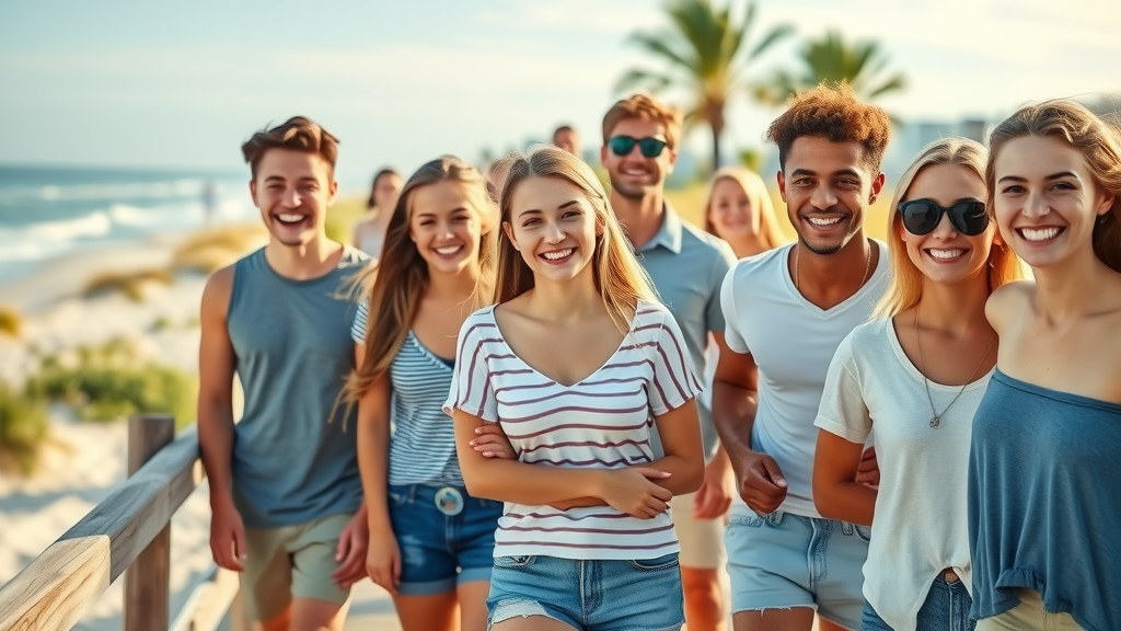 Teens and adults with braces and clear aligners smiling on sunny Grand Strand boardwalk amid ocean and dunes, cheerful, relaxed.