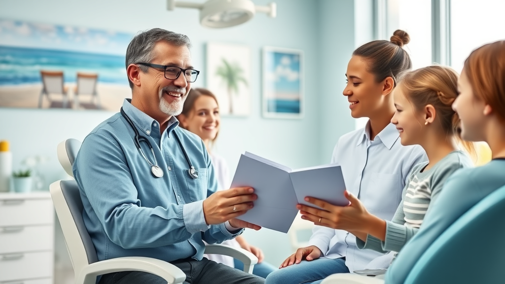 Orthodontist explaining braces and aligner options to family in bright, coastal Myrtle Beach clinic with beach decor.