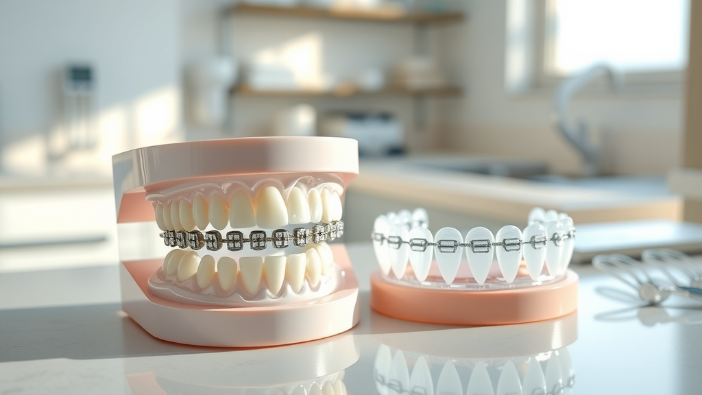 Metal braces and clear aligners side-by-side on dental models in sunlit Grand Strand orthodontic office.