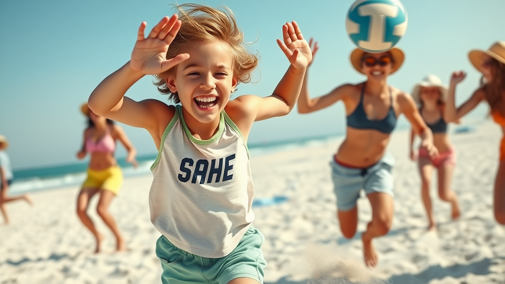 Teen with braces playing beach volleyball on lively Myrtle Beach shoreline, smiling with friends.