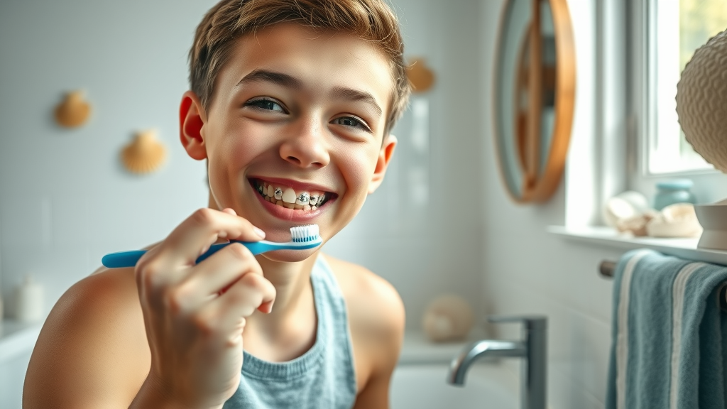 Teen brushing teeth with braces in bright, nautical-themed Grand Strand bathroom, careful and focused.